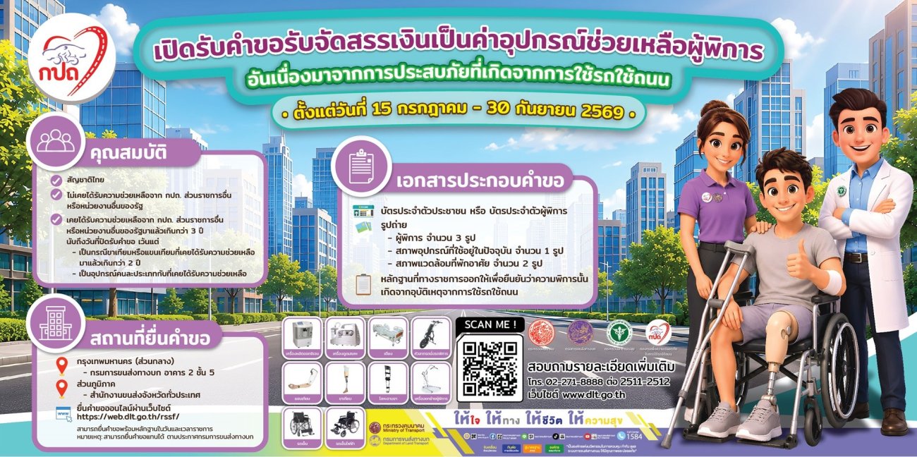 เทศบาลตำบลเรณูนคร เปิดรับคำขอรับจัดสรรเงินเป็นค่าอุปกรณ์ช่วยเหลือผู้พิการ อันเนื่องจากการประสบภัยที่เกิดจากการใช้รถใช้ถนน ตั้งแต่วันที่ 15 ก.ค.- 30 ก.ย.69